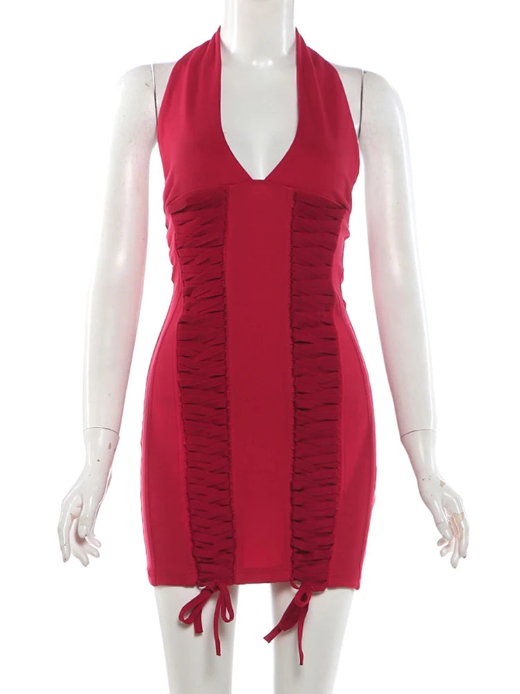 Weird Puss Valentine's Day Shirring Dress Women Halter Backless Low Chest Peach Hip Stylish Hottie Dating Stretch Slim Clubwear