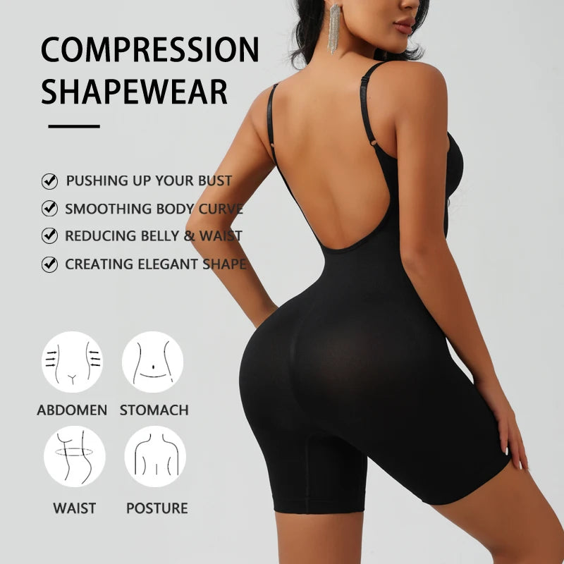 Low Back Seamless Bodysuit for Women Tummy Control Hip Lifter Full Body Shaper Backless Shapewear Jumpsuit Slim Mid Thigh Corset