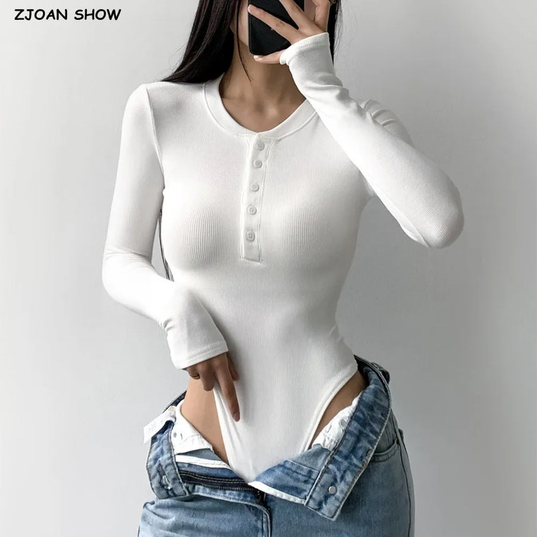 Autumn Winter Open Button Round Collar Rib Long Sleeve Bodysuit Sexy Woman Short Jumpsuit Slim fit Rompers Bodycon Playsuits