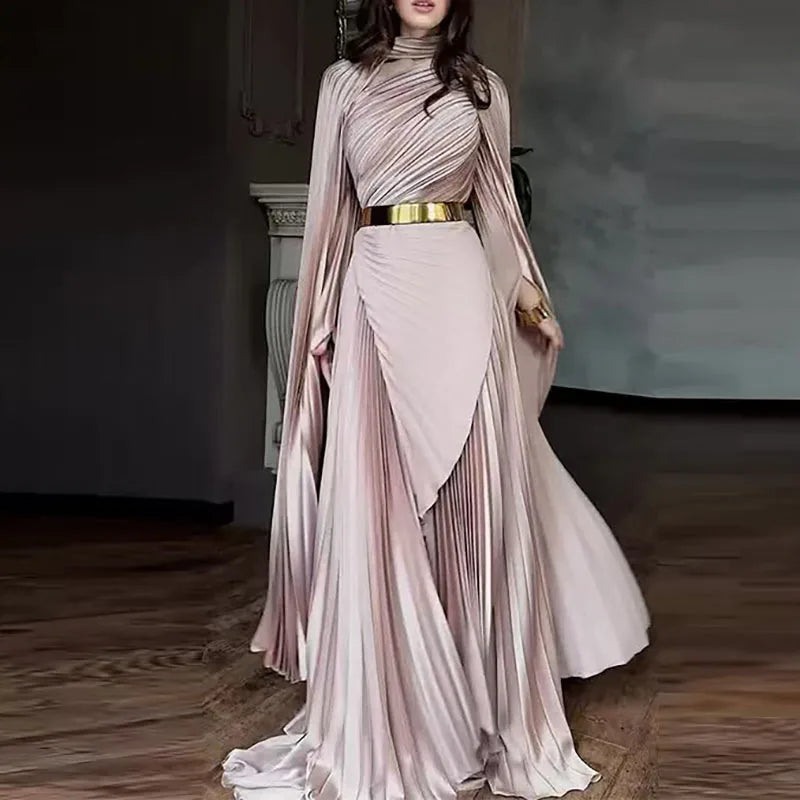 Elegant Solid Flared Sleeve Fold Dress Lady Temperament High Waisted Evening Dress Sexy Slim Crew Collar Floor-length Long Dress