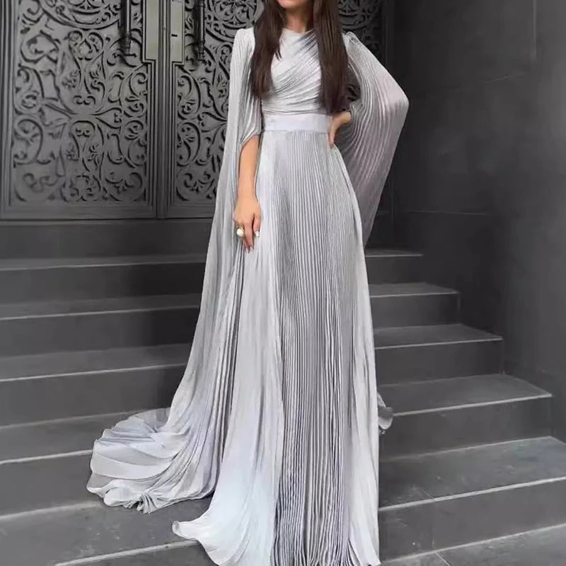 Elegant Solid Flared Sleeve Fold Dress Lady Temperament High Waisted Evening Dress Sexy Slim Crew Collar Floor-length Long Dress