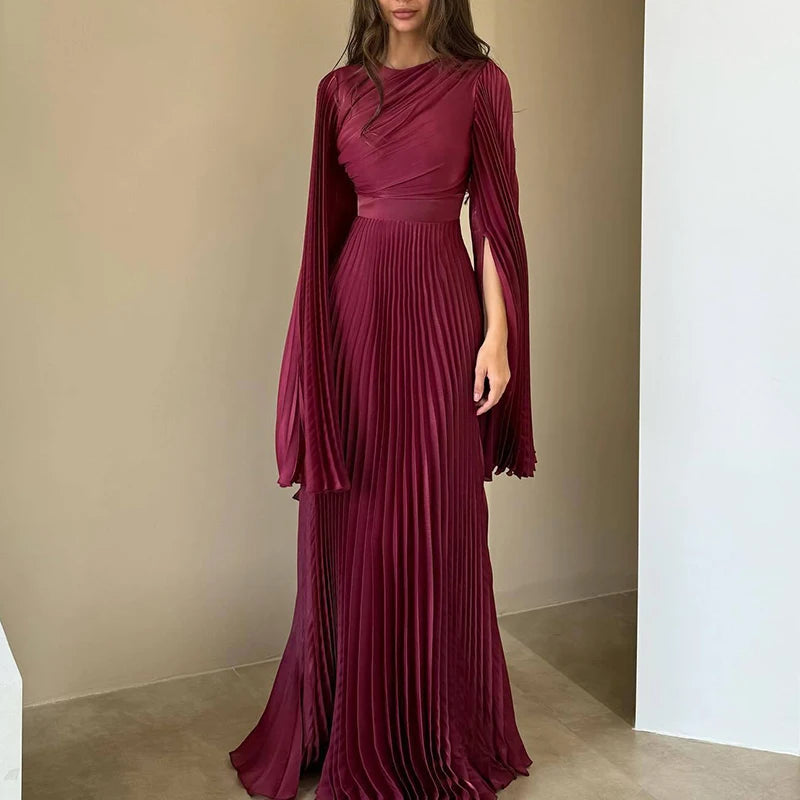 Elegant Solid Flared Sleeve Fold Dress Lady Temperament High Waisted Evening Dress Sexy Slim Crew Collar Floor-length Long Dress