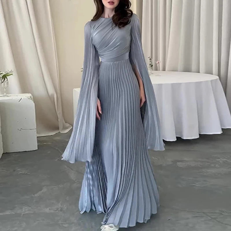 Elegant Solid Flared Sleeve Fold Dress Lady Temperament High Waisted Evening Dress Sexy Slim Crew Collar Floor-length Long Dress