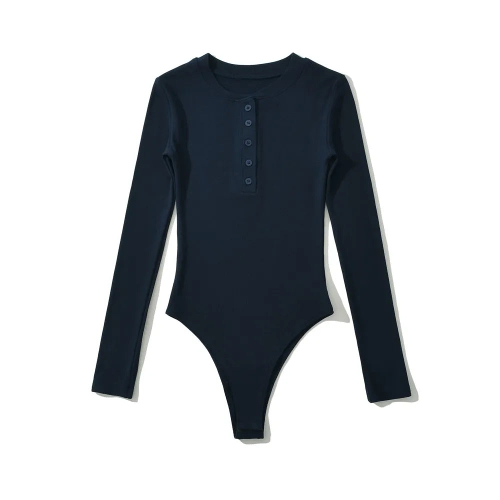 Autumn Winter Open Button Round Collar Rib Long Sleeve Bodysuit Sexy Woman Short Jumpsuit Slim fit Rompers Bodycon Playsuits