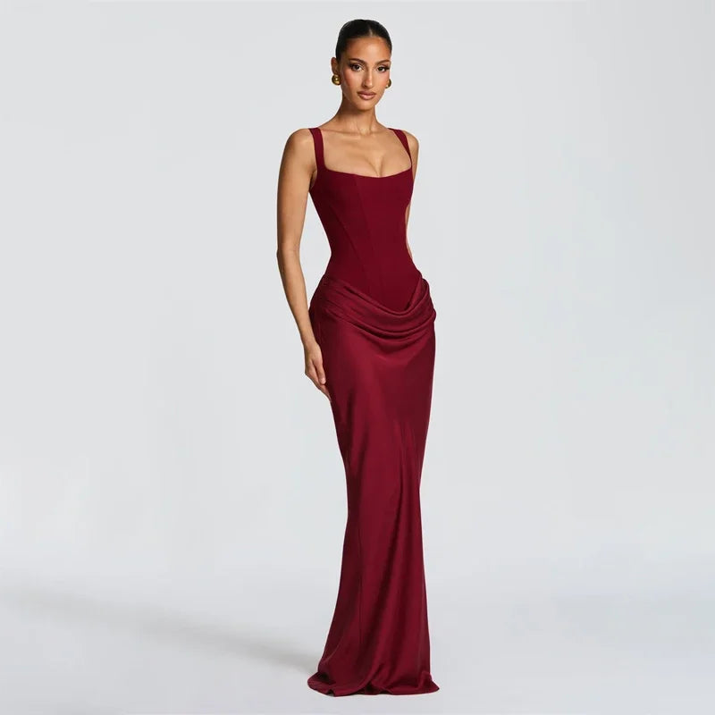 COOBBU Brown Sexy Pleated Mini Dress Women 2026 Fashion Square-neck Sleeveless Bodycon Backless High Waist Dresses Lady Party