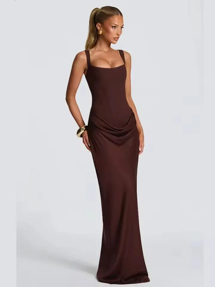 COOBBU Brown Sexy Pleated Mini Dress Women 2026 Fashion Square-neck Sleeveless Bodycon Backless High Waist Dresses Lady Party