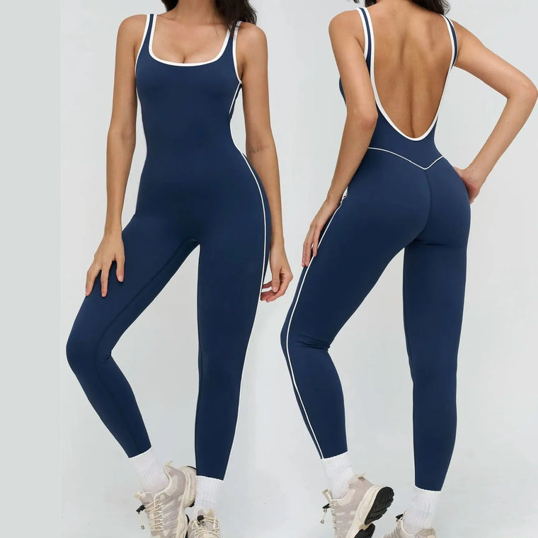 Ningyu Sexy Backless Bodysuit Contrasting Colors Wrapped edges Generous Neckline Women's Yoga Set Tracksuits Fitness Sports Suit