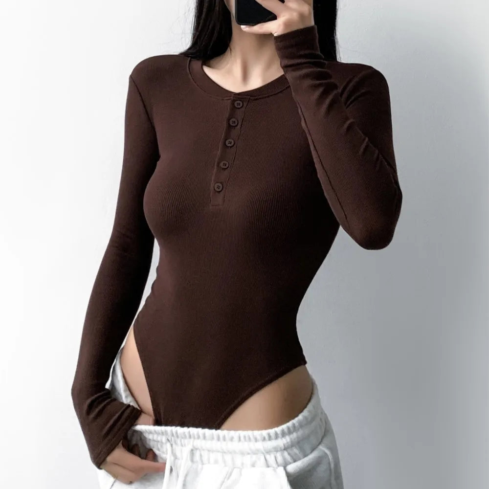 Autumn Winter Open Button Round Collar Rib Long Sleeve Bodysuit Sexy Woman Short Jumpsuit Slim fit Rompers Bodycon Playsuits