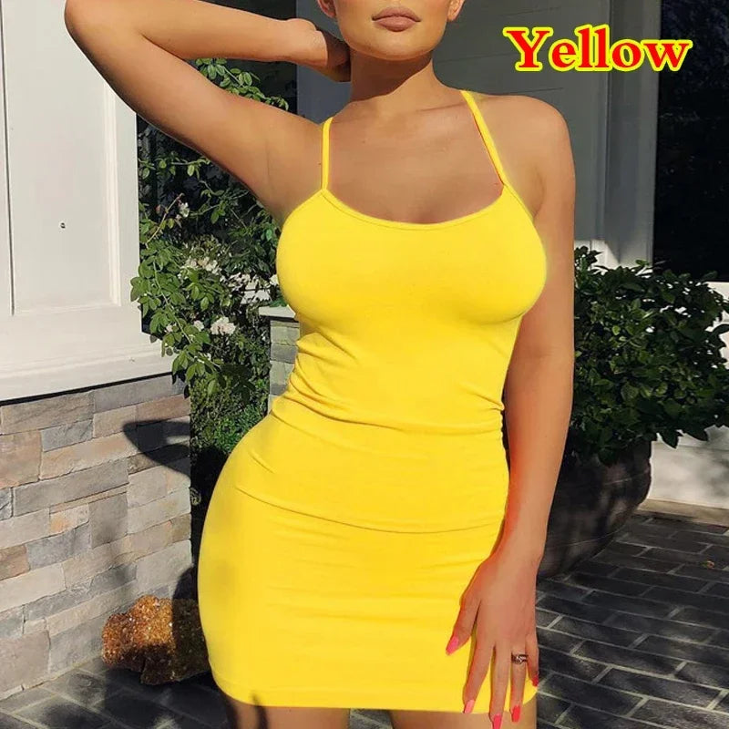 Summer Spaghetti Strap Mini Dress 2025 Women Sexy Bodycon Club Party Dresses Short Female Camisole Solid Black Sheath Sundress