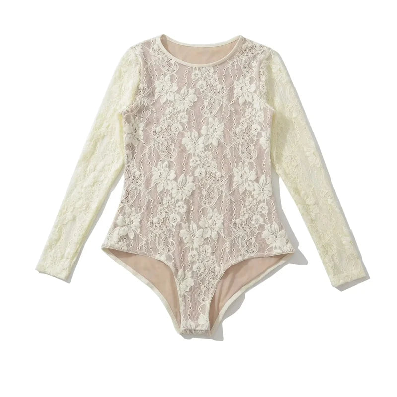 Women's Crew Neck Double Layer Long Sleeved Lace Bodysuit