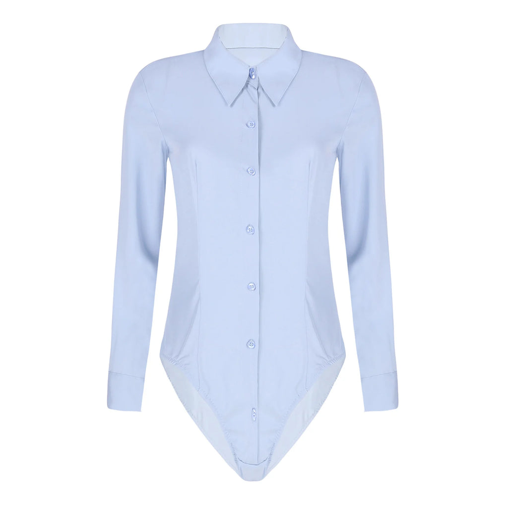 Women's Body Shirt Office Lady Work Uniforms White Blouses Slim Clothes Long Sleeve OL Shirt Leotard Easy Care Work Tights Shirt