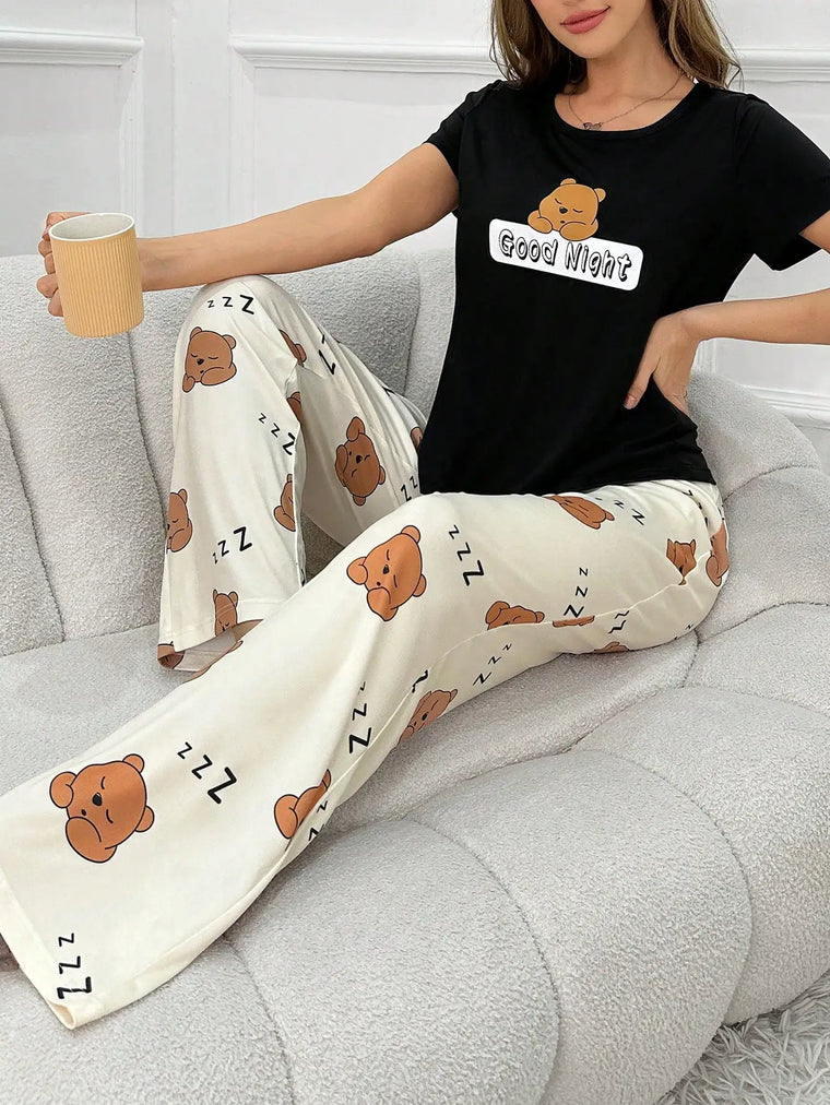 2-Piece Set of Women's Four-Season Pajamas, Casual and Cute Cartoon Print Short-Sleeved Long Pants Pajama Set