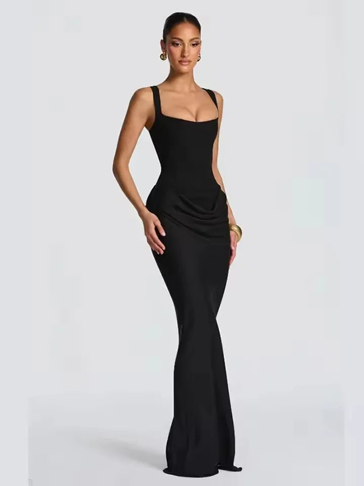 COOBBU Brown Sexy Pleated Mini Dress Women 2026 Fashion Square-neck Sleeveless Bodycon Backless High Waist Dresses Lady Party