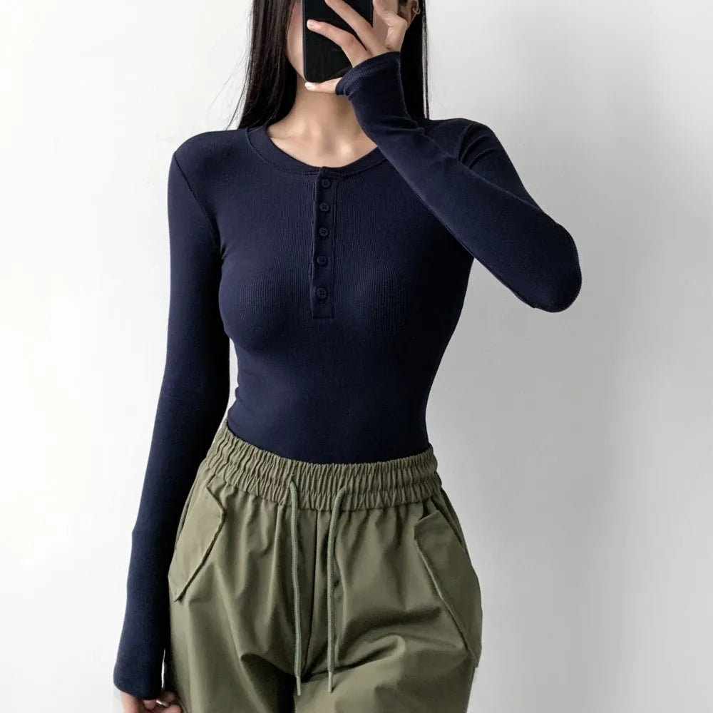 Autumn Winter Open Button Round Collar Rib Long Sleeve Bodysuit Sexy Woman Short Jumpsuit Slim fit Rompers Bodycon Playsuits
