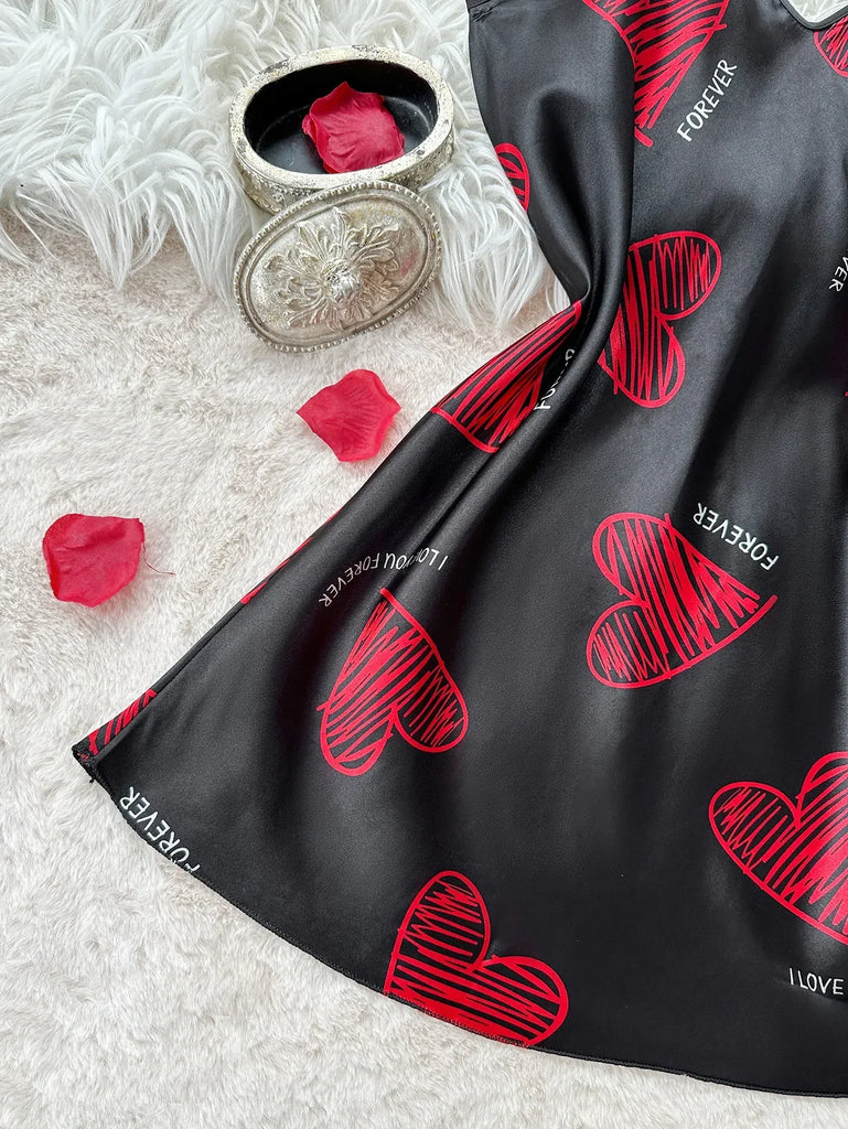 Valentine's Day Red Lip Print Satin Slip Nightdress V Neck Backless Mini Sleep Dress Women's Sleepwear Dresses