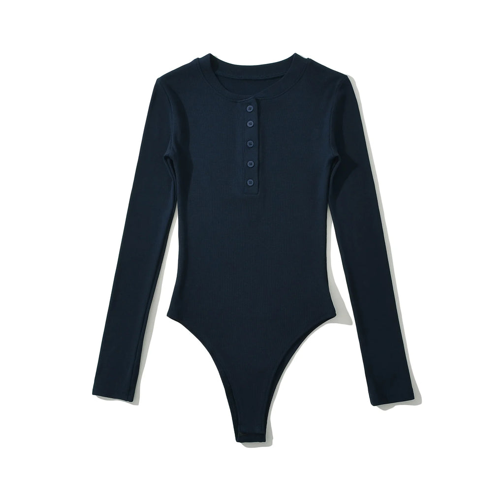 Autumn Winter Open Button Round Collar Rib Long Sleeve Bodysuit Sexy Woman Short Jumpsuit Slim fit Rompers Bodycon Playsuits