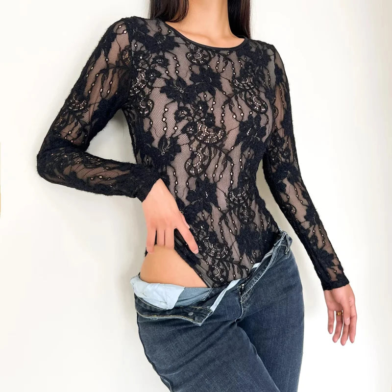 Women's Crew Neck Double Layer Long Sleeved Lace Bodysuit