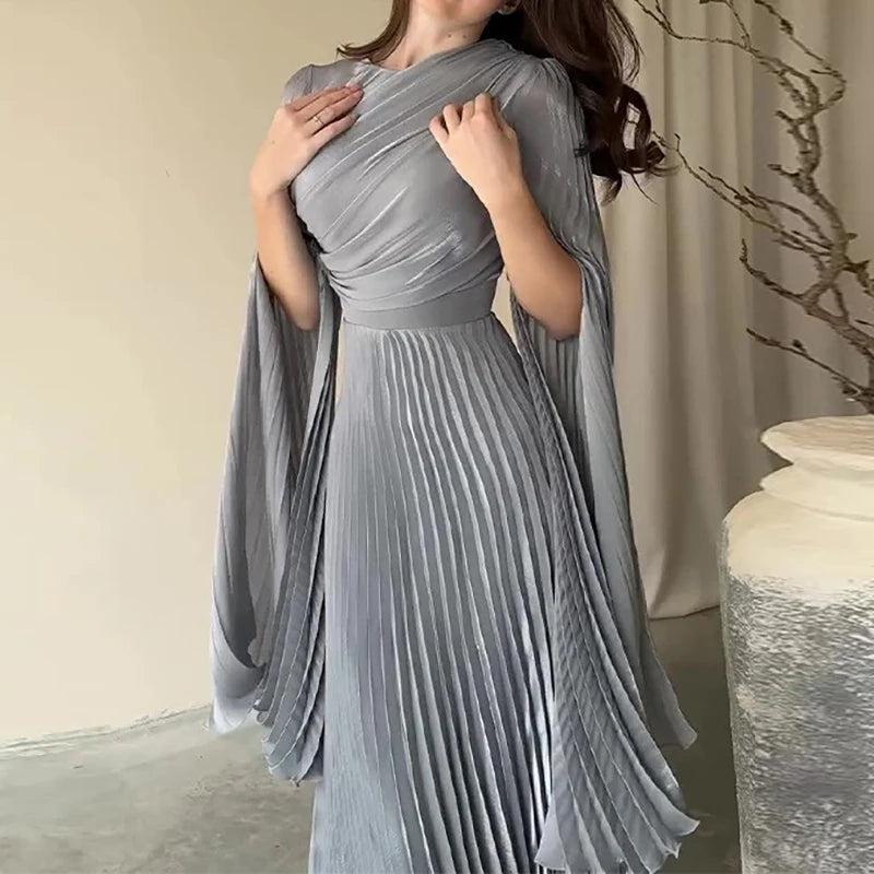 Elegant Solid Flared Sleeve Fold Dress Lady Temperament High Waisted Evening Dress Sexy Slim Crew Collar Floor-length Long Dress