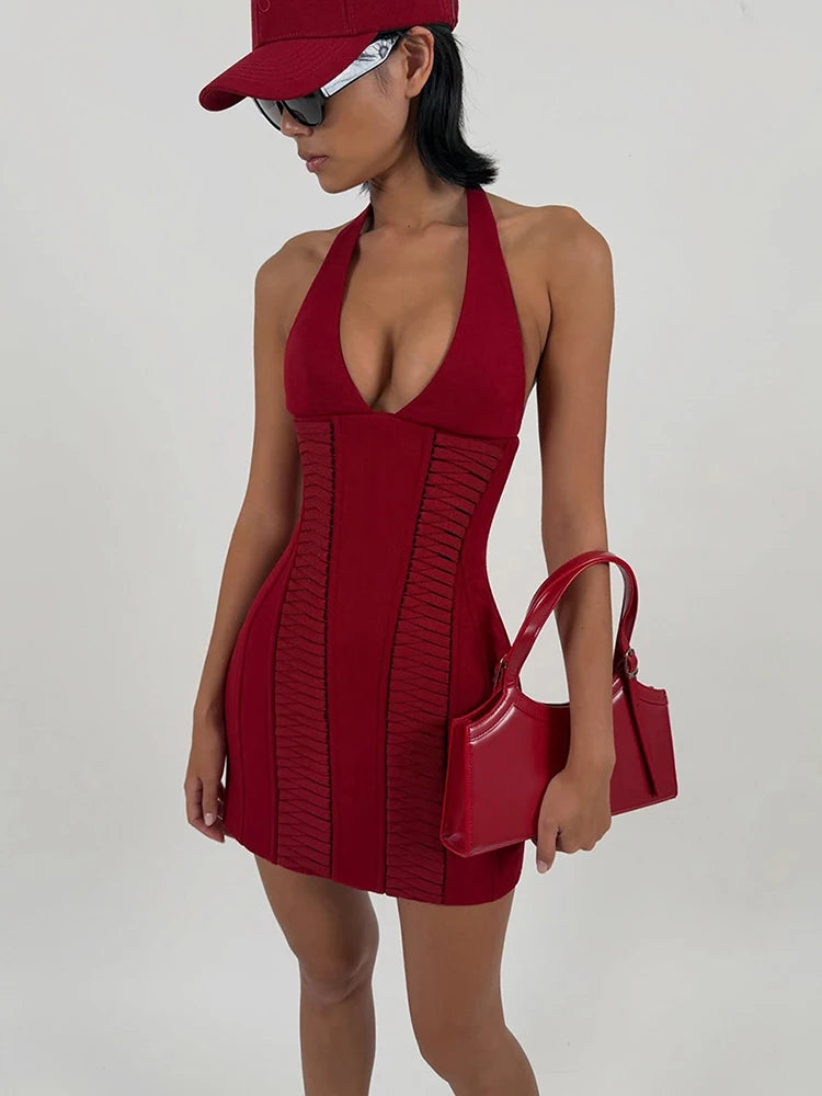 Weird Puss Valentine's Day Shirring Dress Women Halter Backless Low Chest Peach Hip Stylish Hottie Dating Stretch Slim Clubwear