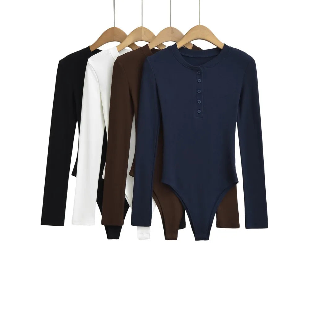 Autumn Winter Open Button Round Collar Rib Long Sleeve Bodysuit Sexy Woman Short Jumpsuit Slim fit Rompers Bodycon Playsuits