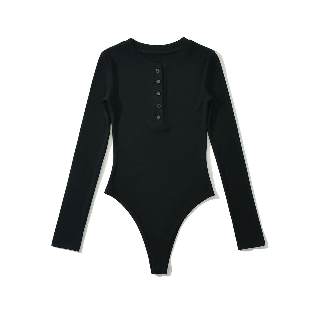 Autumn Winter Open Button Round Collar Rib Long Sleeve Bodysuit Sexy Woman Short Jumpsuit Slim fit Rompers Bodycon Playsuits