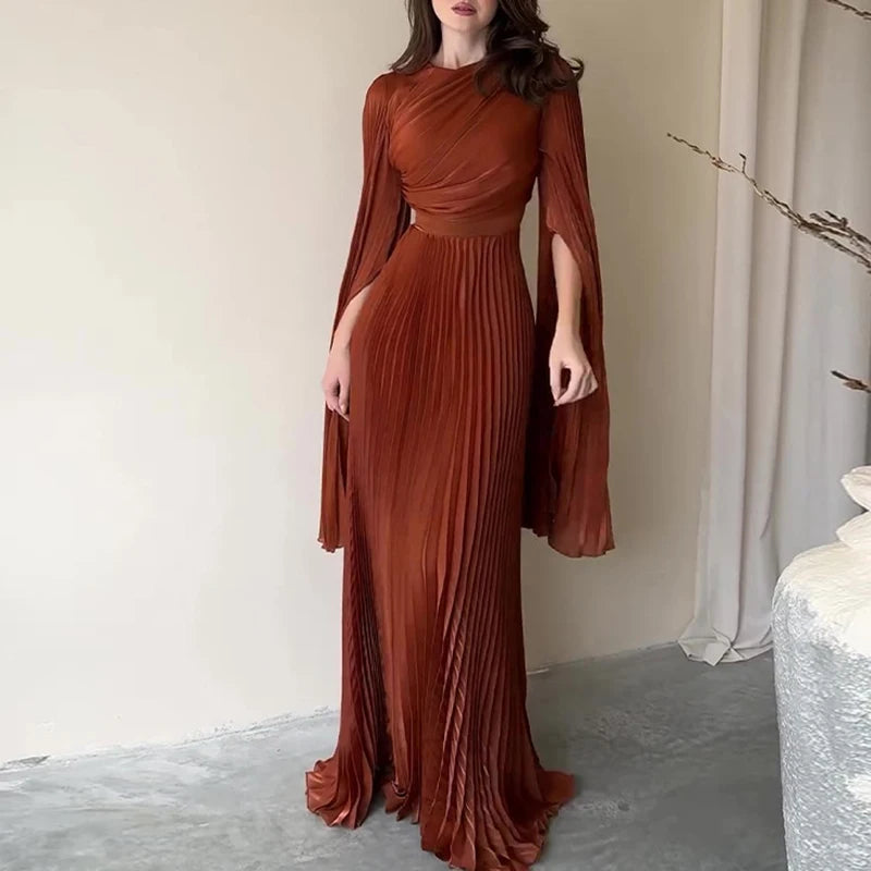 Elegant Solid Flared Sleeve Fold Dress Lady Temperament High Waisted Evening Dress Sexy Slim Crew Collar Floor-length Long Dress