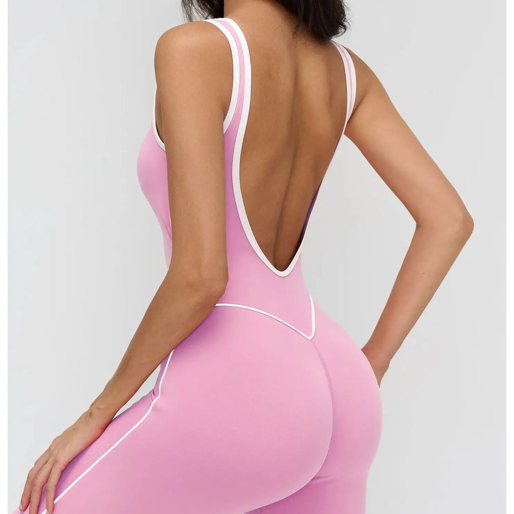 Ningyu Sexy Backless Bodysuit Contrasting Colors Wrapped edges Generous Neckline Women's Yoga Set Tracksuits Fitness Sports Suit