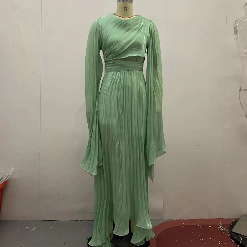 Elegant Solid Flared Sleeve Fold Dress Lady Temperament High Waisted Evening Dress Sexy Slim Crew Collar Floor-length Long Dress
