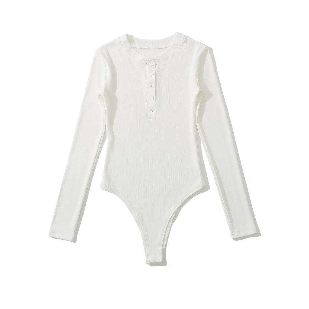 Autumn Winter Open Button Round Collar Rib Long Sleeve Bodysuit Sexy Woman Short Jumpsuit Slim fit Rompers Bodycon Playsuits