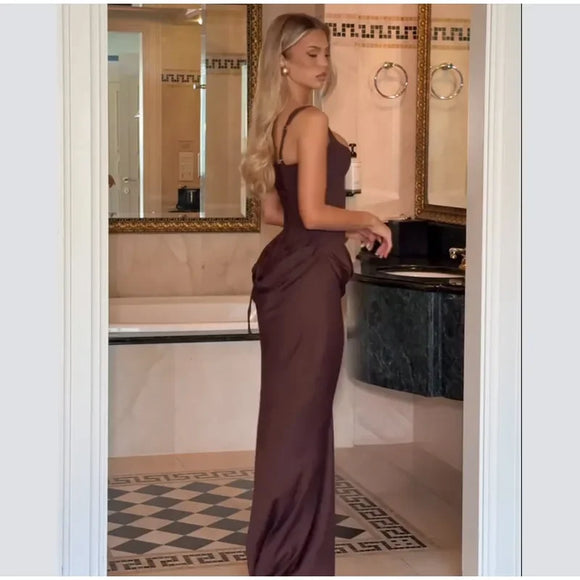 COOBBU Brown Sexy Pleated Mini Dress Women 2026 Fashion Square-neck Sleeveless Bodycon Backless High Waist Dresses Lady Party