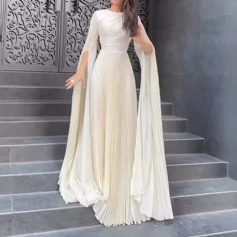 Elegant Solid Flared Sleeve Fold Dress Lady Temperament High Waisted Evening Dress Sexy Slim Crew Collar Floor-length Long Dress